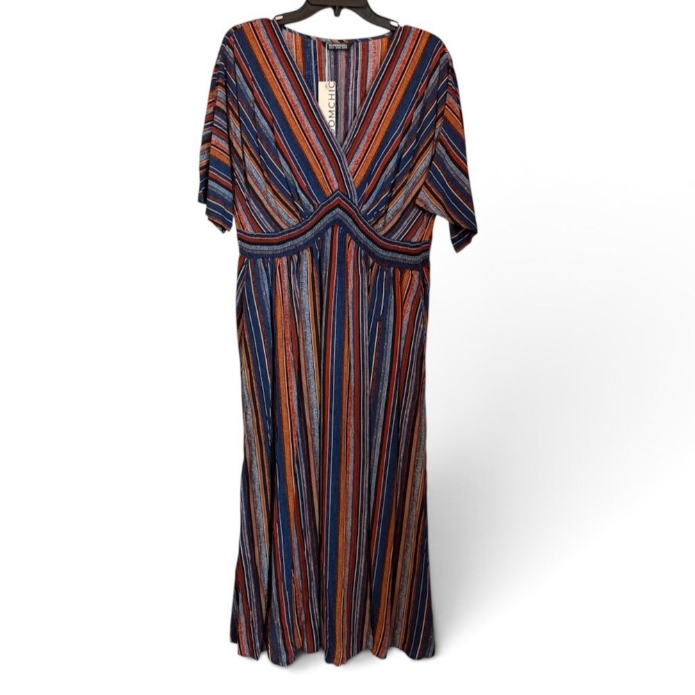 Bloomchic NWT Multicolor Striped V-Neck Midi Dress w/Pockets Size 146-16 Women